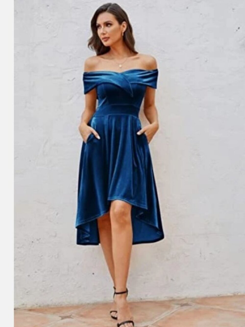 NWT Jasambac Blue Velvet Off-Shoulder Hi-Lo Cocktail Dress